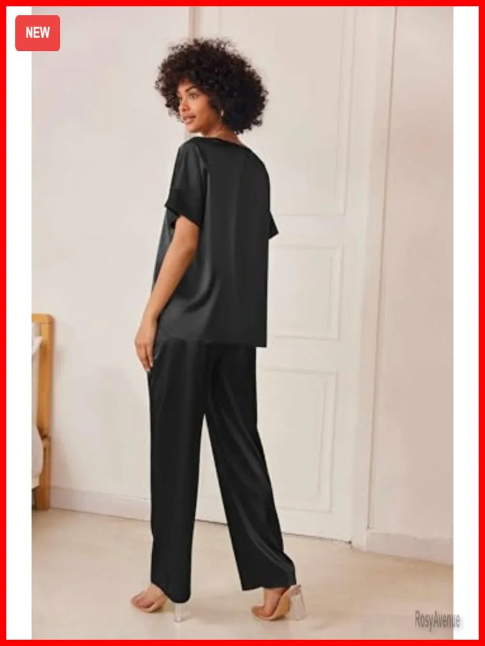 Women's Satin Pajama Set Short Sleeve V Neck Shirt with Long Pant Soft